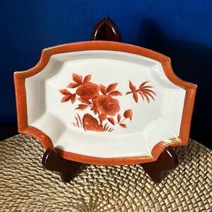 Vintage Iron Red, White & Gold Porcelain Asian Handpainted Floral Dish